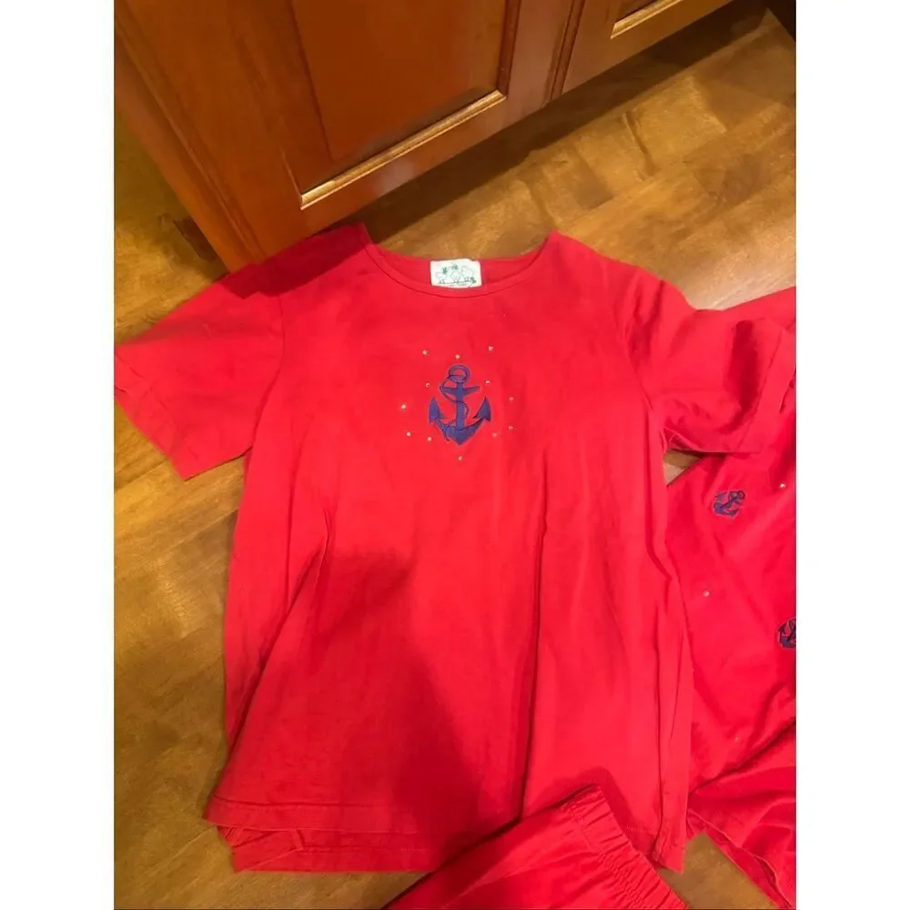 Vintage Quacker Factory 3 Pc Nautical Anchor Set Medium Red Cardigan Top Skirt R